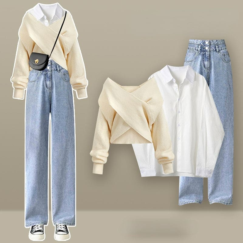 K-fashion Cross Knit Sweater Shirt and Denim Pants Set EG612 - Egirldoll