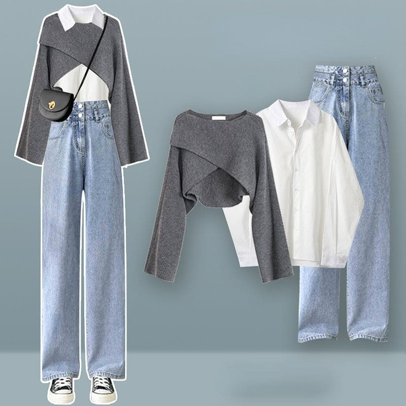 K-fashion Cross Knit Sweater Shirt and Denim Pants Set EG612 - Egirldoll