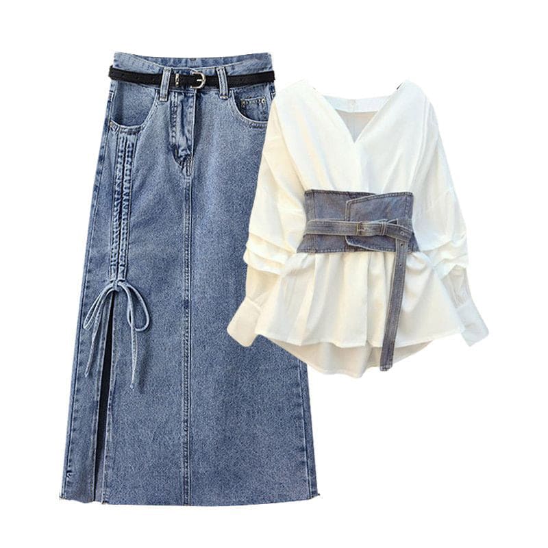 Kawaii Asian Fashion V-neck Shirt Denim Skirt Set ON237 - Egirldoll