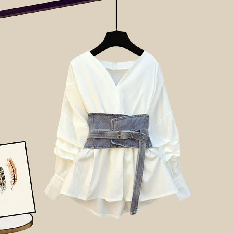 Kawaii Asian Fashion V-neck Shirt Denim Skirt Set ON237 - Egirldoll