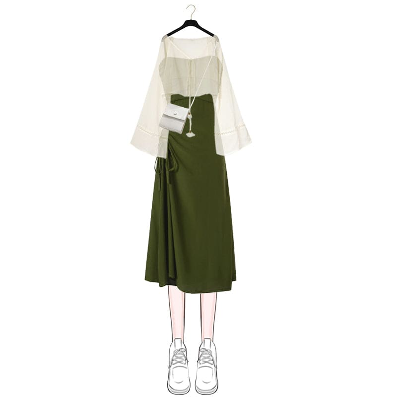 Kawaii Bell Sleeve Cardigan Lace Up Slip Dress Set ON254 - Egirldoll