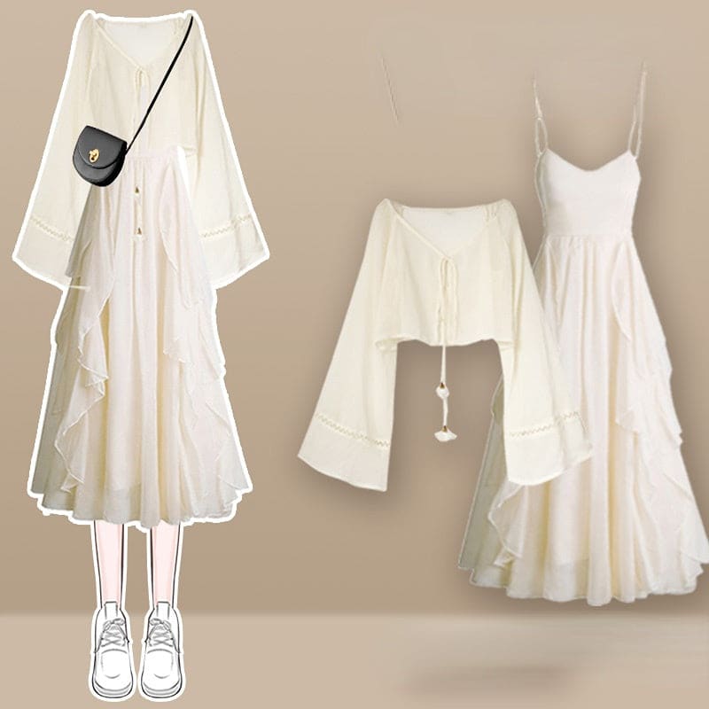 Kawaii Bell Sleeve Cardigan Lace Up Slip Dress Set ON254 - Egirldoll