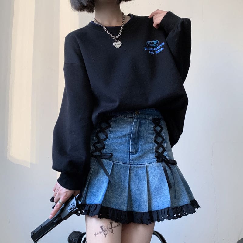 Kawaii Black Lace Blue Denim Skirt ON102 - Egirldoll