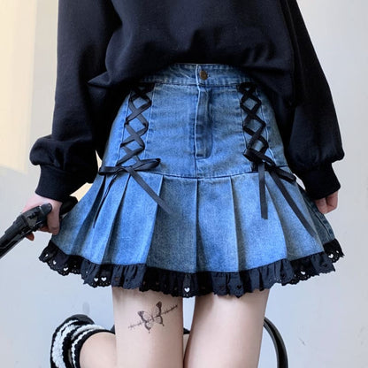 Kawaii Black Lace Blue Denim Skirt ON102 - Egirldoll