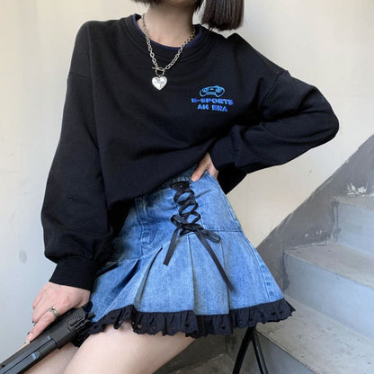 Kawaii Black Lace Blue Denim Skirt ON102 - Egirldoll