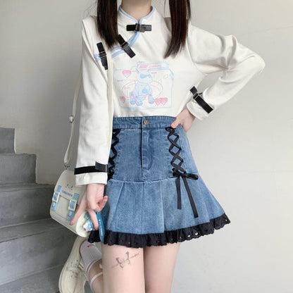 Kawaii Black Lace Blue Denim Skirt ON102 - Egirldoll