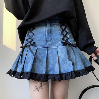 Kawaii Black Lace Blue Denim Skirt ON102 - Egirldoll