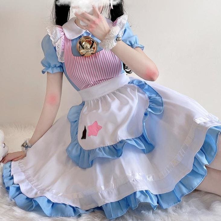 Kawaii Blue White Sweet Stars Lolita Cosplay Maid Dress SS1962 - Egirldoll