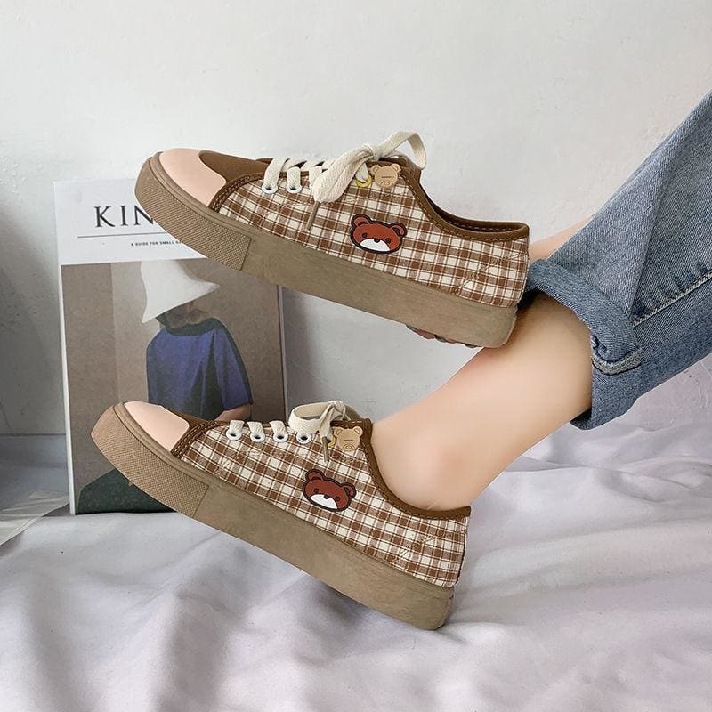 Kawaii Brown Flat Cute Bear plaid Shoes FY0015 - Egirldoll