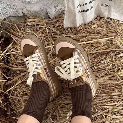 Kawaii Brown Flat Cute Bear plaid Shoes FY0015 - Egirldoll