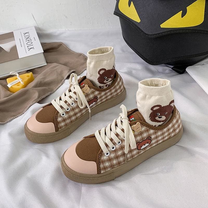 Kawaii Brown Flat Cute Bear plaid Shoes FY0015 - Egirldoll