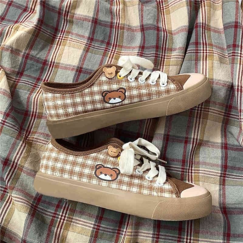 Kawaii Brown Flat Cute Bear plaid Shoes FY0015 - Egirldoll