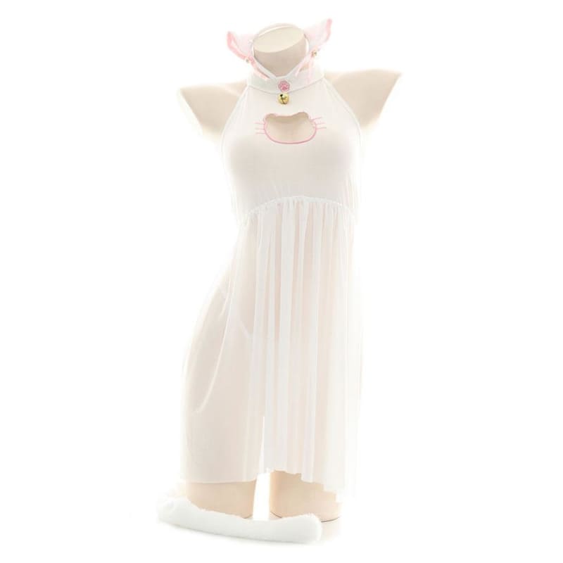 Kawaii Cat Girl Translucent Pajama Open Chest Nightdress With Ears and Tail Set EG392 - Egirldoll