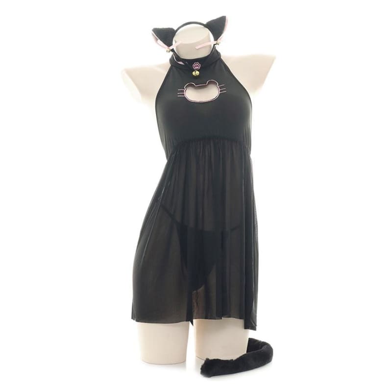 Kawaii Cat Girl Translucent Pajama Open Chest Nightdress With Ears and Tail Set EG392 - Egirldoll