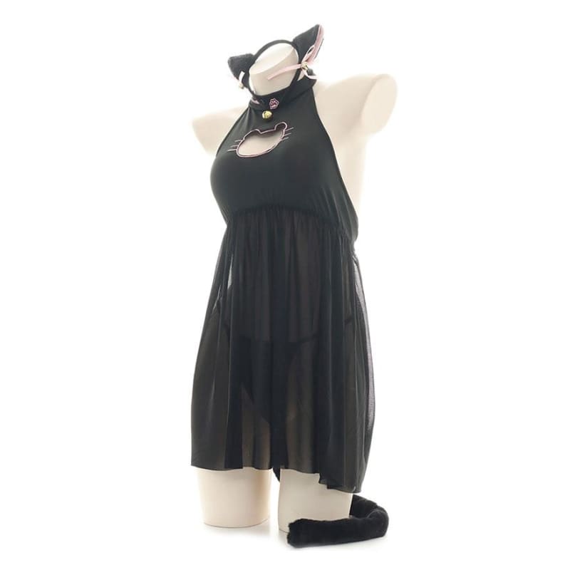 Kawaii Cat Girl Translucent Pajama Open Chest Nightdress With Ears and Tail Set EG392 - Egirldoll