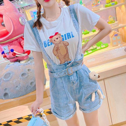 Kawaii Cute Bear Blue Suspender Straps Jeans SS1907 - Egirldoll