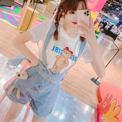 Kawaii Cute Bear Blue Suspender Straps Jeans SS1907 - Egirldoll