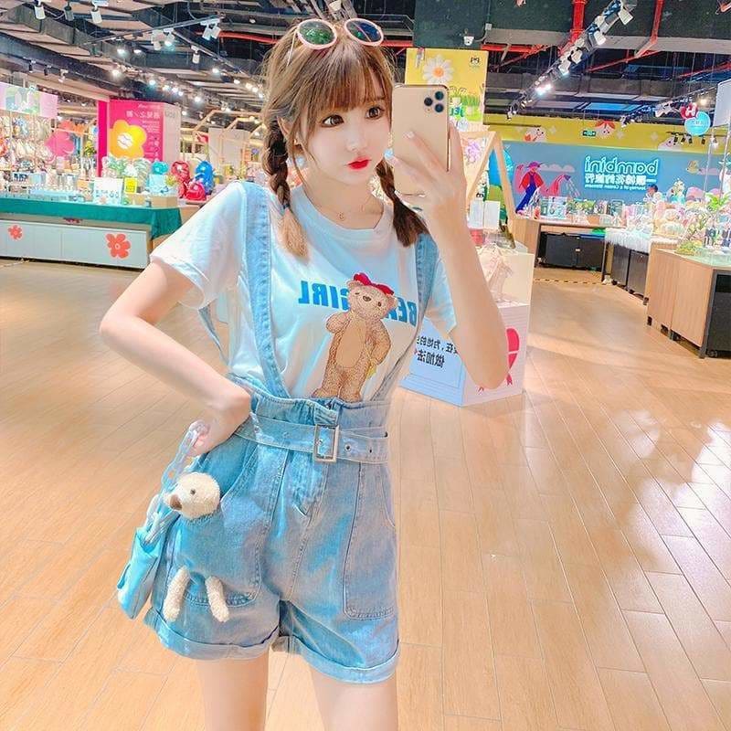 Kawaii Cute Bear Blue Suspender Straps Jeans SS1907 - Egirldoll