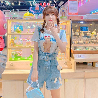 Kawaii Cute Bear Blue Suspender Straps Jeans SS1907 - Egirldoll