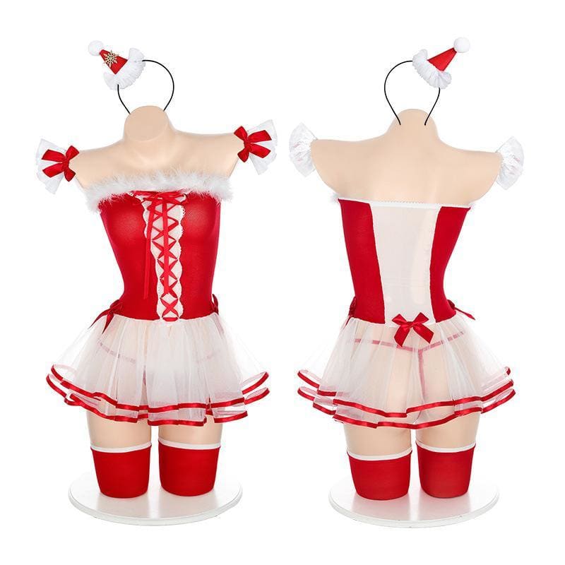 Kawaii Cute Fluffy Red Christmas Pleated Skirt Santa Lingerie Set EG16823 - Egirldoll