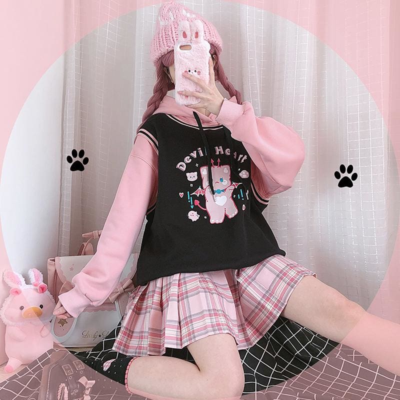 Kawaii Devil Heart Pink Bear Pastel Black Sweater SP16306 - Egirldoll