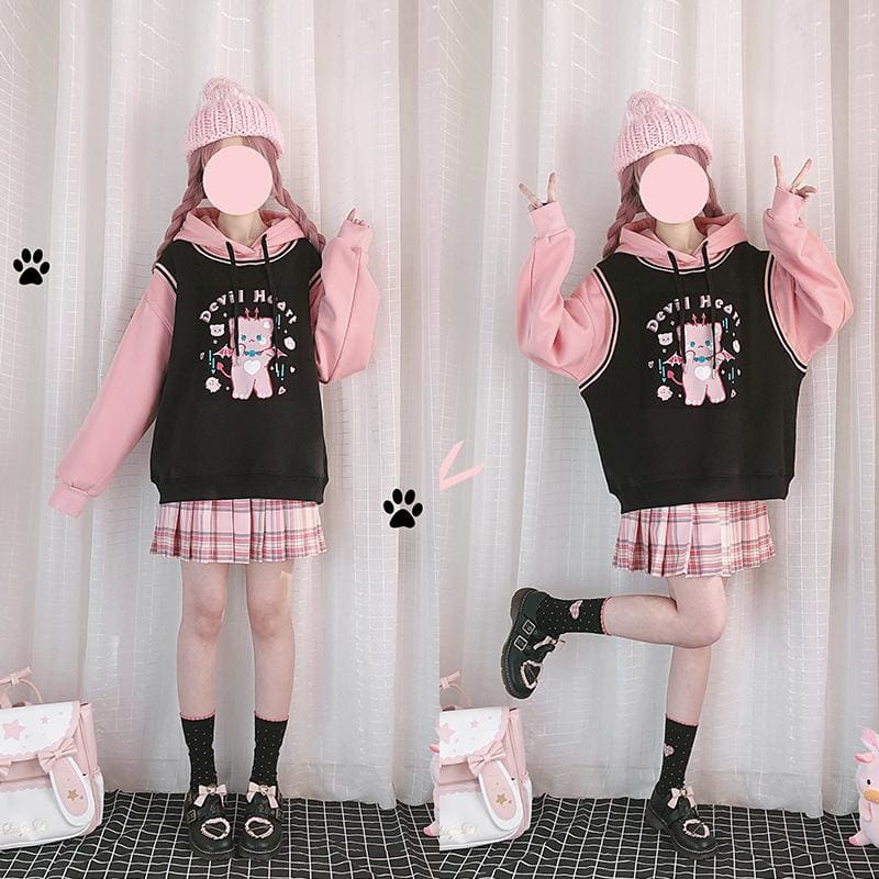 Kawaii Devil Heart Pink Bear Pastel Black Sweater SP16306 - Egirldoll