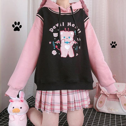 Kawaii Devil Heart Pink Bear Pastel Black Sweater SP16306 - Egirldoll