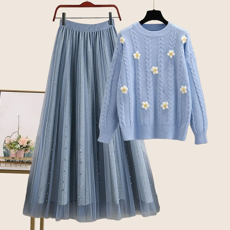 Kawaii Flowers Pastel Sweater Tulle Skirt Set ON242 - Egirldoll