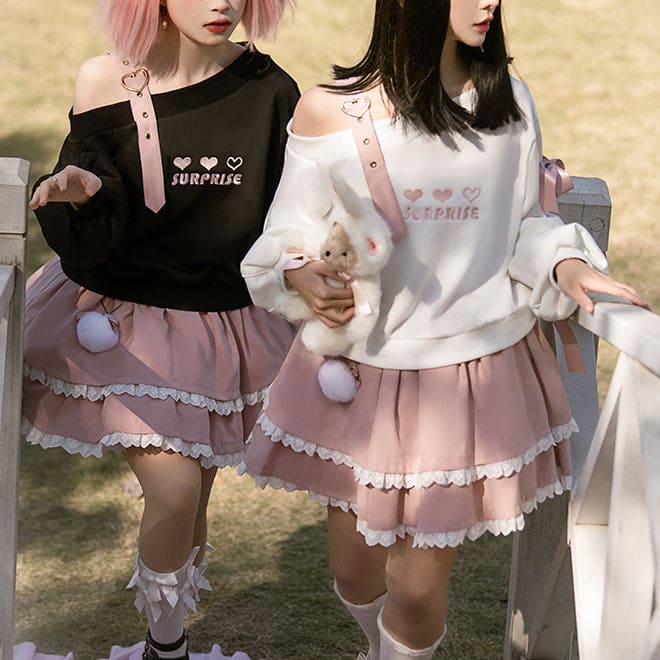Kawaii Gamer Girl Hearts Black White Blouse Pink Skirt ON479