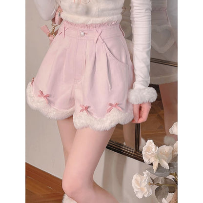 Kawaii Harajuku Soft Girl Blue Bow Fluffy Shorts ON67 - Egirldoll