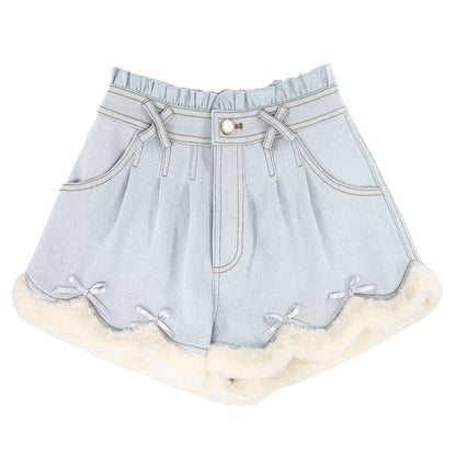 Kawaii Harajuku Soft Girl Blue Bow Fluffy Shorts ON67 - Egirldoll