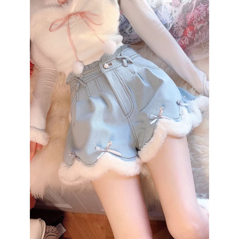Kawaii Harajuku Soft Girl Blue Bow Fluffy Shorts ON67 - Egirldoll