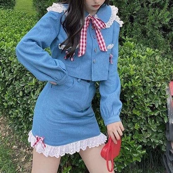 Kawaii Harajuku Summer Chic Girl Sweet Denim Blouse and High Waist Skirt Set SS1875 - Egirldoll