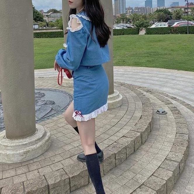 Kawaii Harajuku Summer Chic Girl Sweet Denim Blouse and High Waist Skirt Set SS1875 - Egirldoll