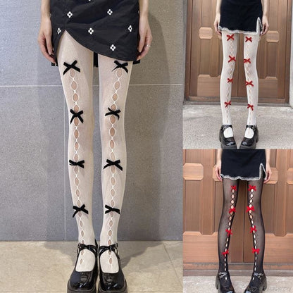 Kawaii Hollow Out Bowknot Black/White Lace Fishnet Tights BE480 - Egirldoll