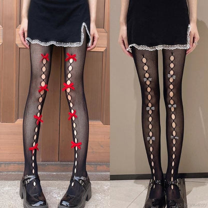 Kawaii Hollow Out Bowknot Black/White Lace Fishnet Tights BE480 - Egirldoll