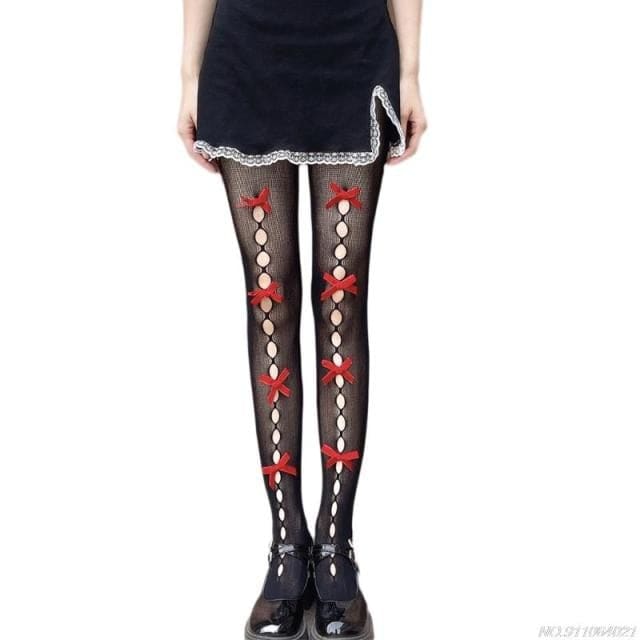 Kawaii Hollow Out Bowknot Black/White Lace Fishnet Tights BE480 - Egirldoll