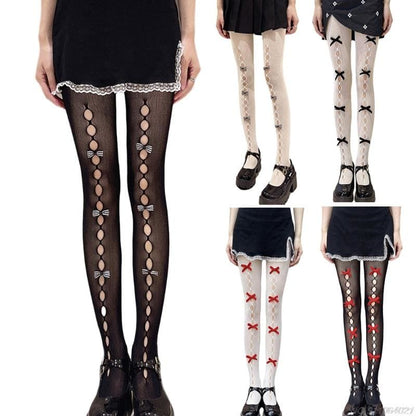 Kawaii Hollow Out Bowknot Black/White Lace Fishnet Tights BE480 - Egirldoll