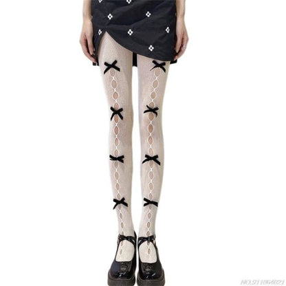 Kawaii Hollow Out Bowknot Black/White Lace Fishnet Tights BE480 - Egirldoll