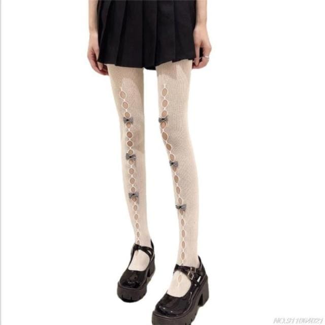 Kawaii Hollow Out Bowknot Black/White Lace Fishnet Tights BE480 - Egirldoll