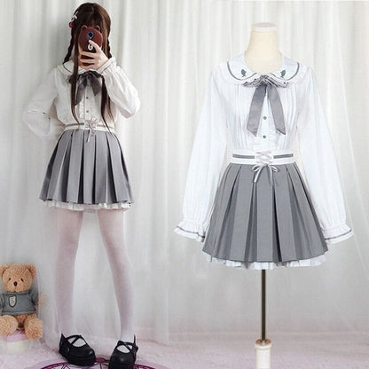 Kawaii Lolita Gray Coat +Gothic Blouse And Skirt Set Suit EG15098 - Egirldoll