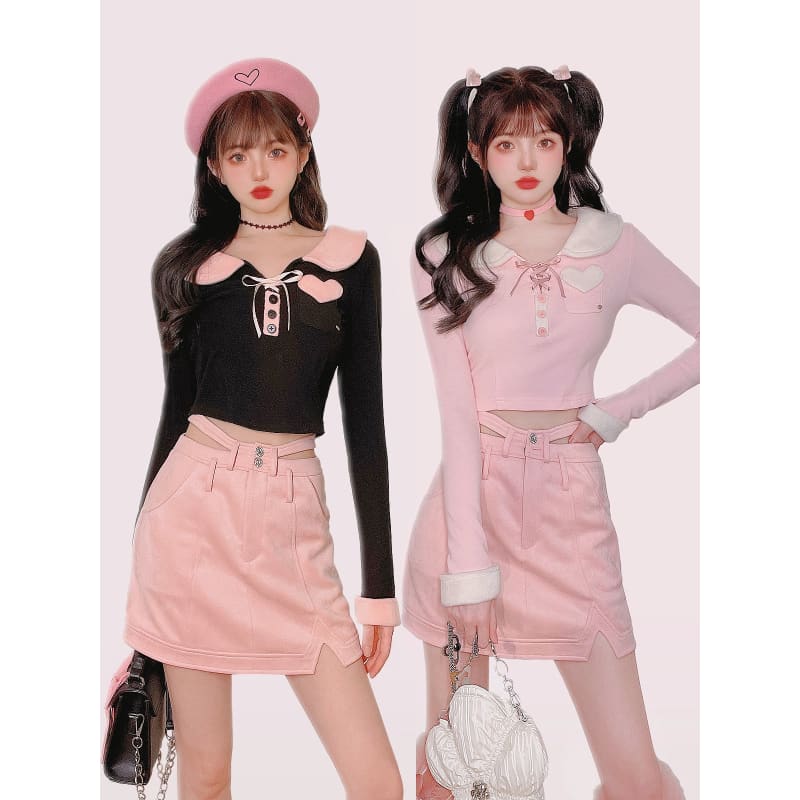 Kawaii Love Heart Black Pink Long Sleeve Top ON107 - Egirldoll