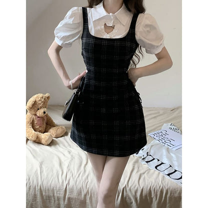 Kawaii Love Heart Hollow Out T-shirt Side Lace Up Plaid Dress ON15 - Egirldoll