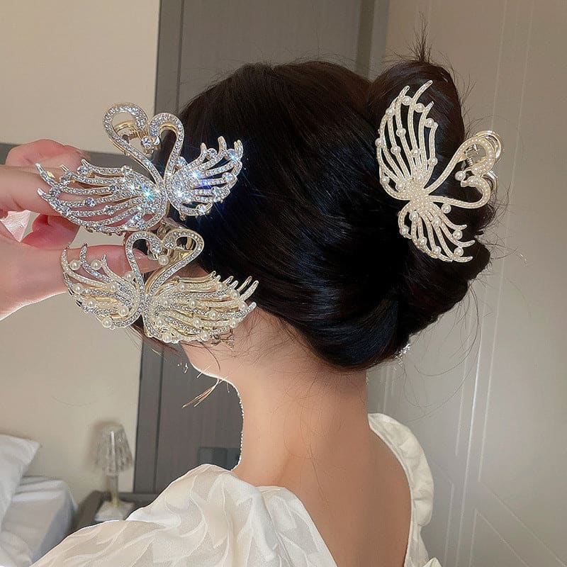 Kawaii Pearls Rhinestones Swan Pattern Hair Clips ON122 - Egirldoll