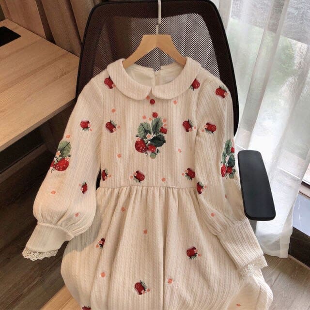 Kawaii Peter Pan Collar Flowers Embroidery Fairy Knitted Dress EG17078 - Egirldoll