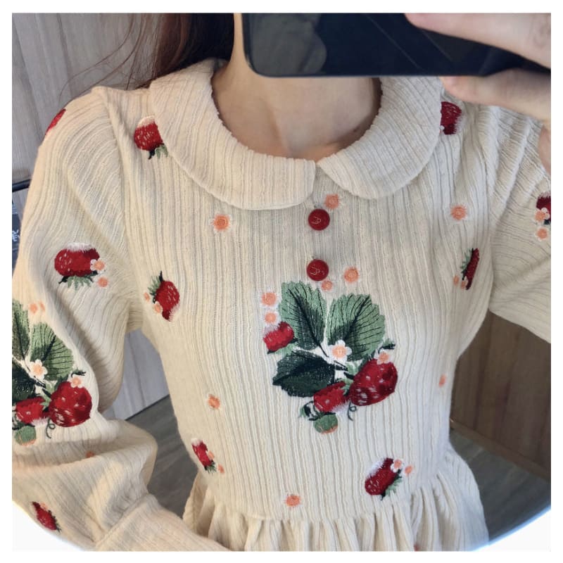 Kawaii Peter Pan Collar Flowers Embroidery Fairy Knitted Dress EG17078 - Egirldoll