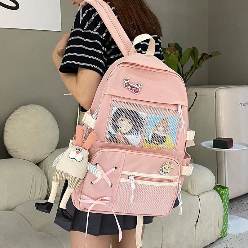 Kawaii Pink Cartoon Mesh Pendant Large Backpack SP16535 - Egirldoll