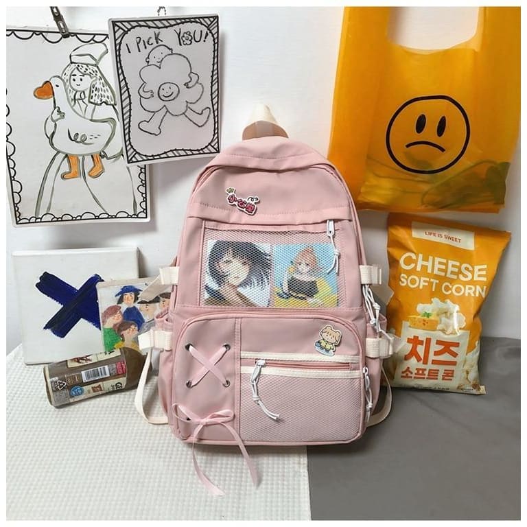 Kawaii Pink Cartoon Mesh Pendant Large Backpack SP16535 - Egirldoll