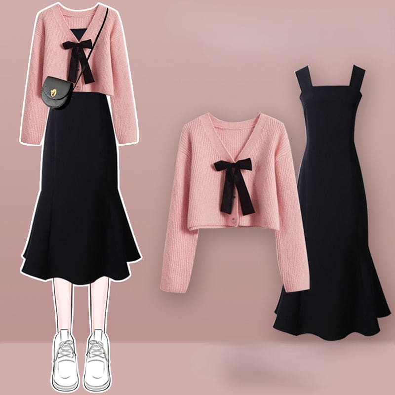 Kawaii Pink Sweater and Slip Black Dress ON312 - Egirldoll