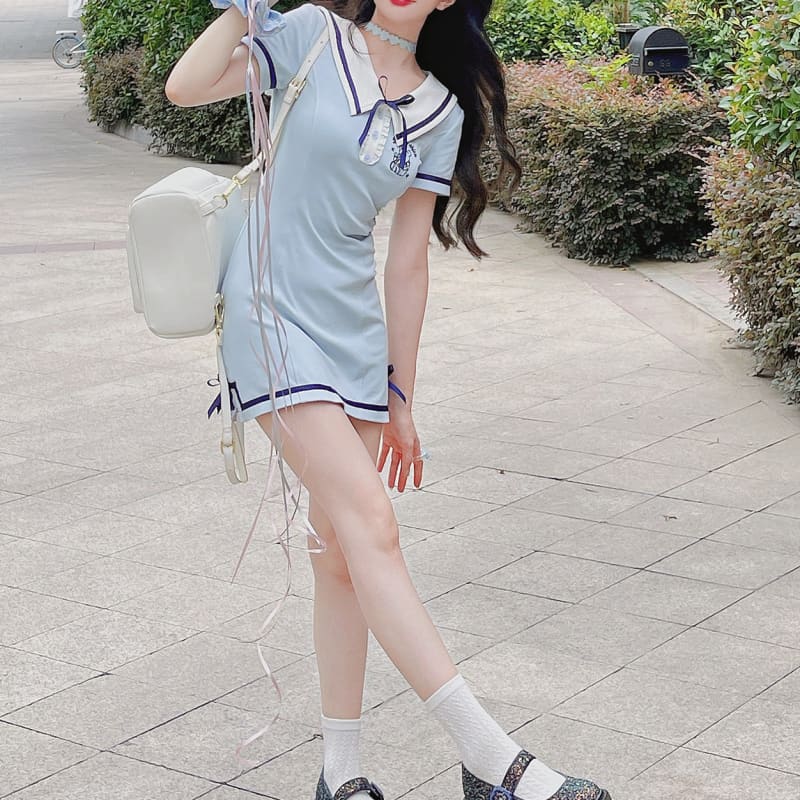 Kawaii Spring Blue Pink Bear Cute Sailor Dress ON469 - Navy
